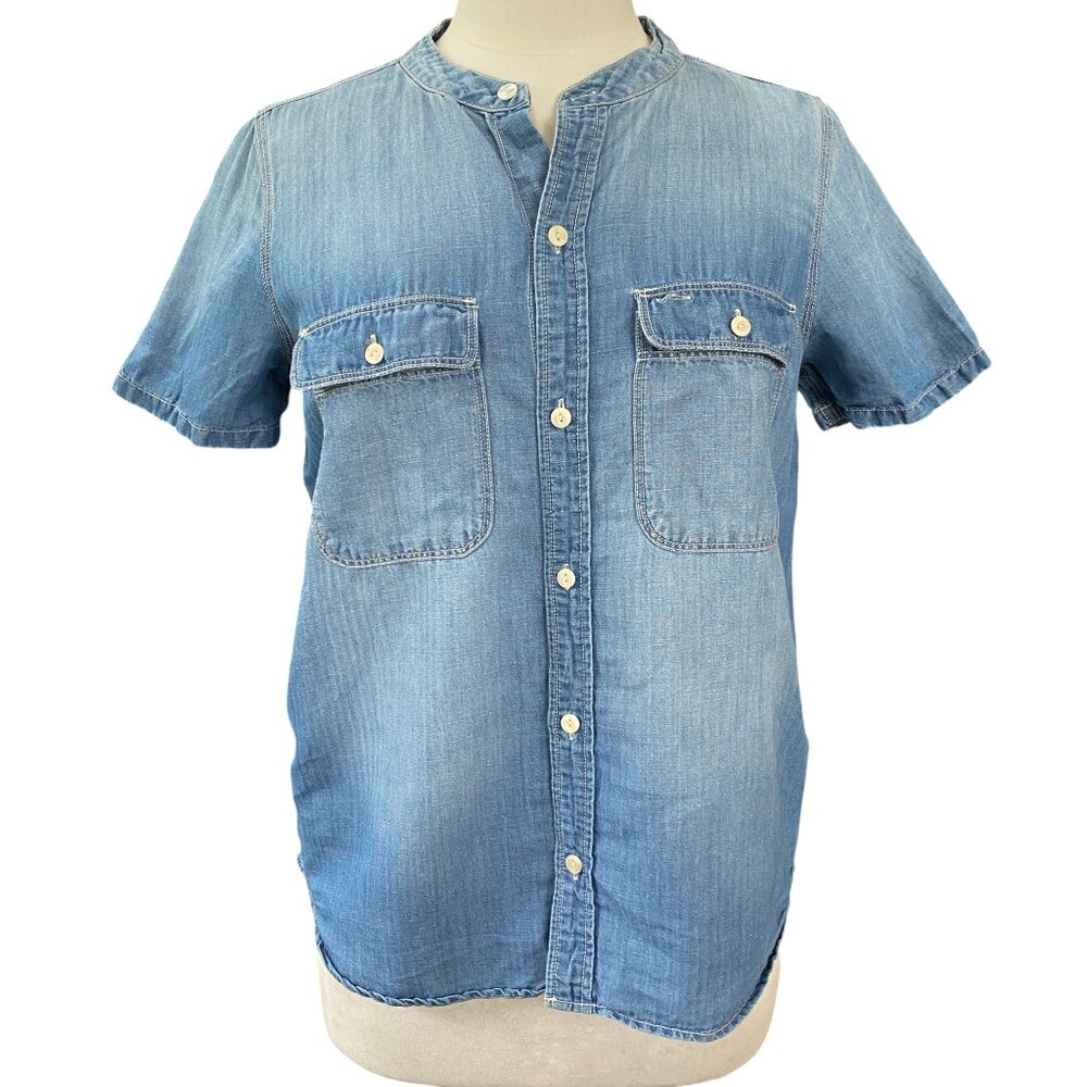 Madewell Linen Cotton Chambray Shirt Banded Collar Faded Western Ranch Country-S